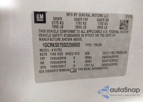 2013 Chevrolet Silverado 1500 Lt z USA, uszkodzony, nr VIN 1GCRKSE75DZ256803